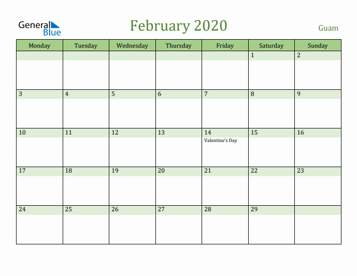 February 2020 Calendar with Guam Holidays