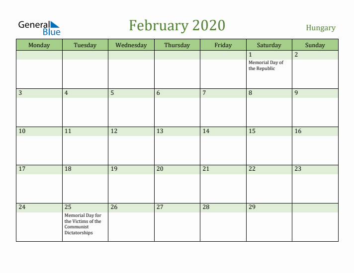 February 2020 Calendar with Hungary Holidays