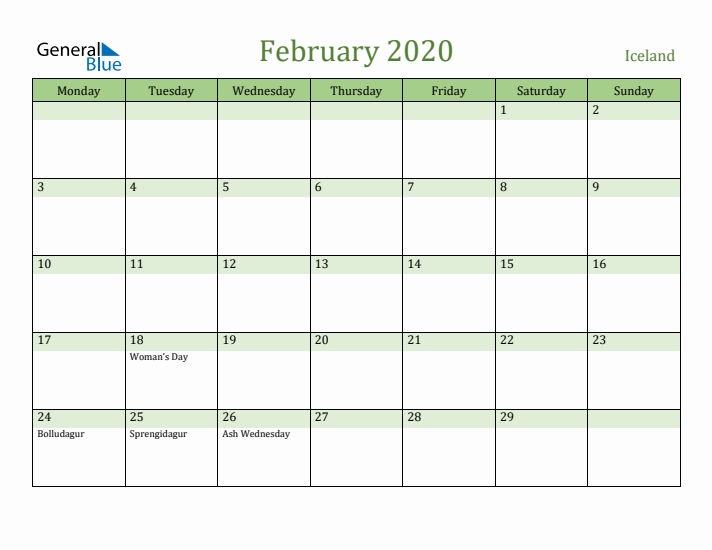 February 2020 Calendar with Iceland Holidays