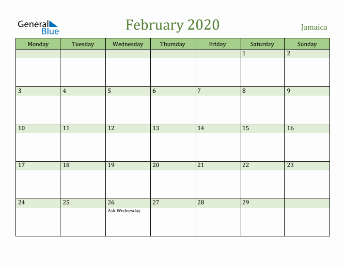 February 2020 Calendar with Jamaica Holidays