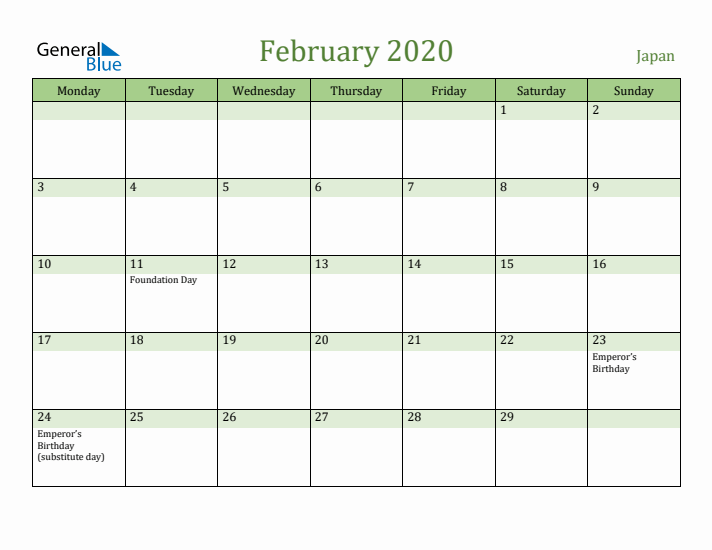 February 2020 Calendar with Japan Holidays