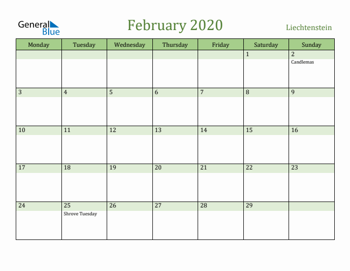 February 2020 Calendar with Liechtenstein Holidays