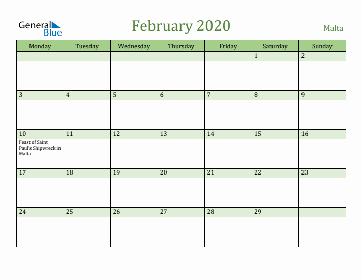 February 2020 Calendar with Malta Holidays