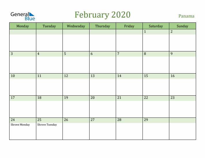 February 2020 Calendar with Panama Holidays