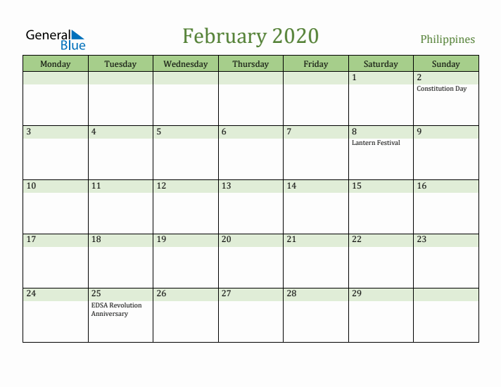 February 2020 Calendar with Philippines Holidays