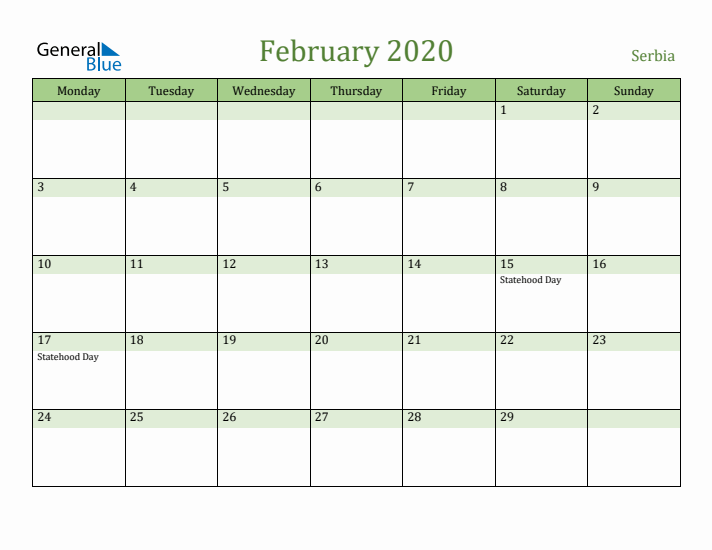 February 2020 Calendar with Serbia Holidays