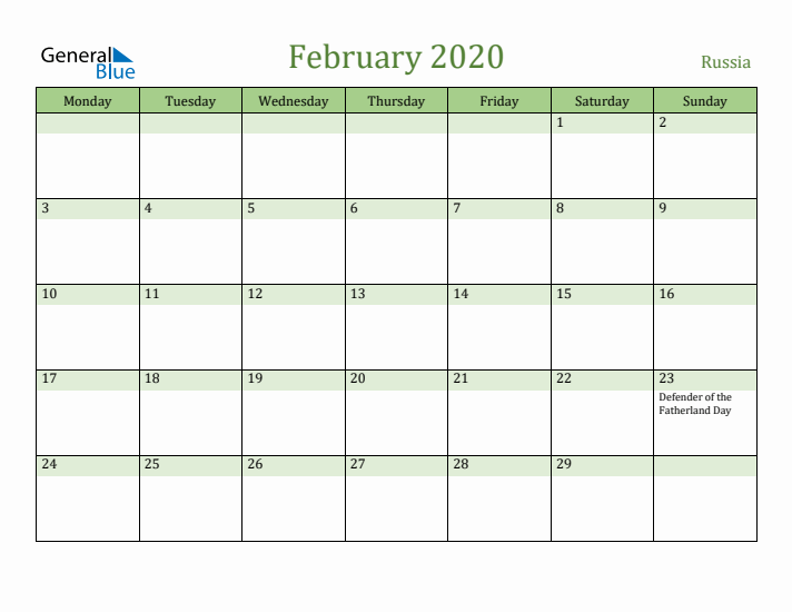 February 2020 Calendar with Russia Holidays
