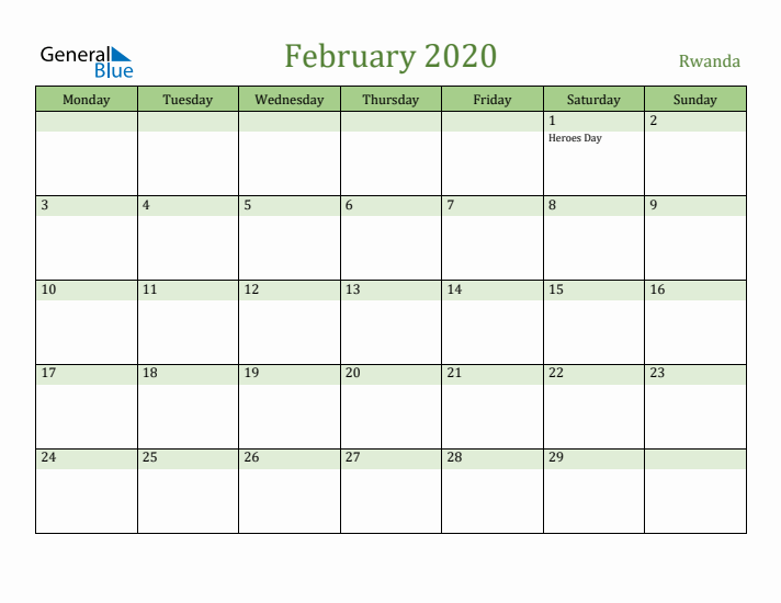 February 2020 Calendar with Rwanda Holidays