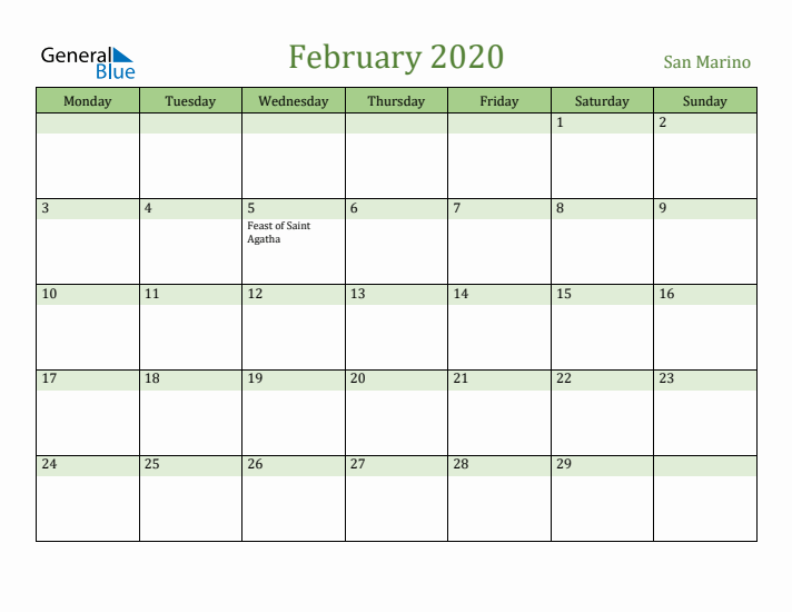February 2020 Calendar with San Marino Holidays
