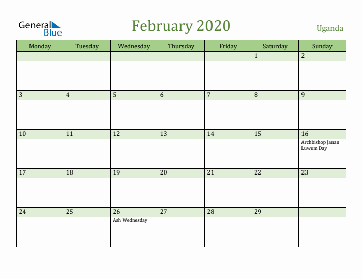 February 2020 Calendar with Uganda Holidays