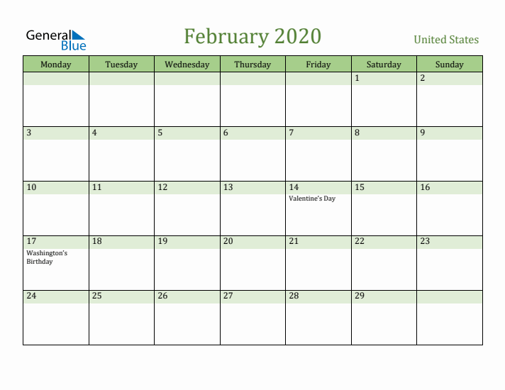 February 2020 Calendar with United States Holidays