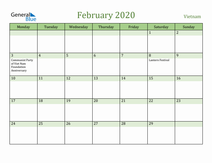 February 2020 Calendar with Vietnam Holidays