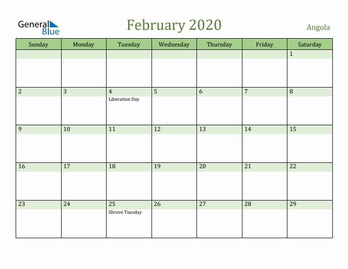 February 2020 Calendar with Angola Holidays