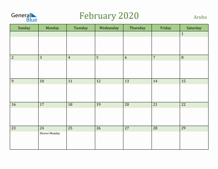 February 2020 Calendar with Aruba Holidays