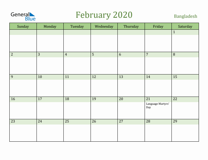February 2020 Calendar with Bangladesh Holidays