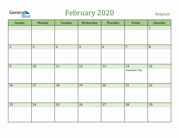 February 2020 Calendar with Belgium Holidays