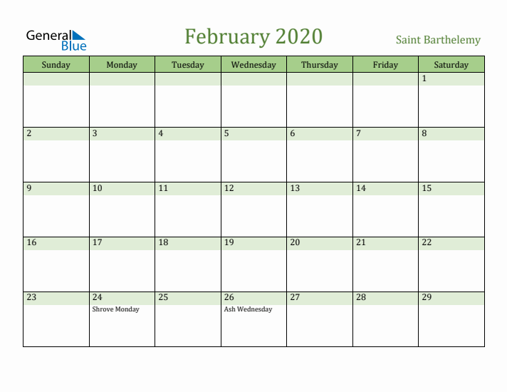 February 2020 Calendar with Saint Barthelemy Holidays