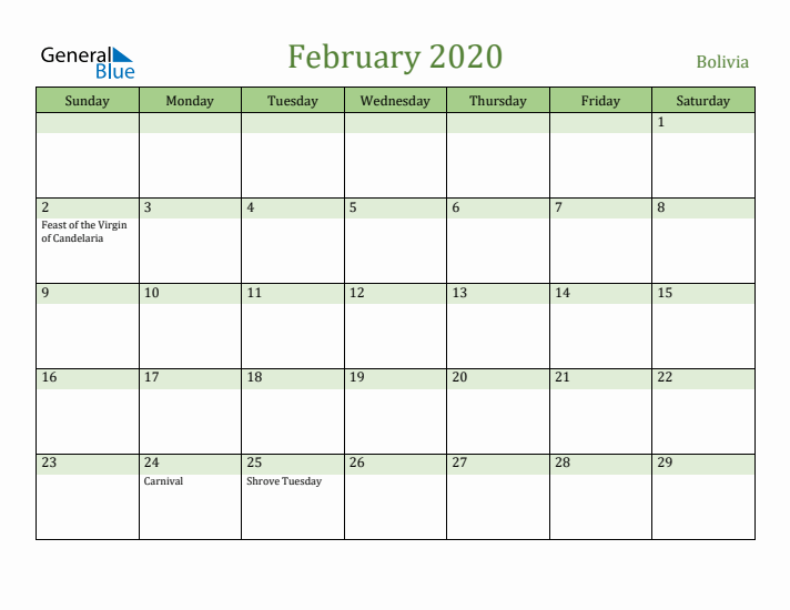February 2020 Calendar with Bolivia Holidays