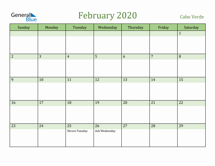 February 2020 Calendar with Cabo Verde Holidays