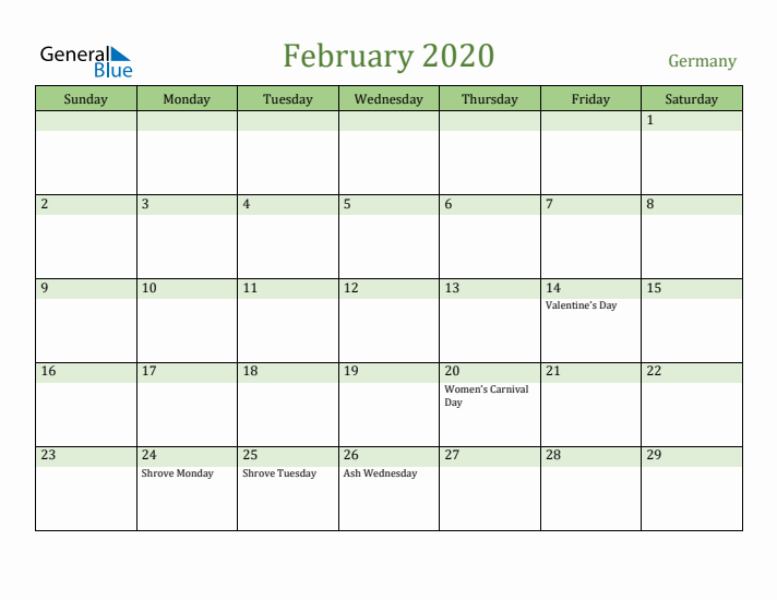 February 2020 Calendar with Germany Holidays