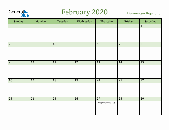February 2020 Calendar with Dominican Republic Holidays