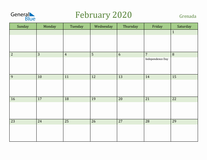 February 2020 Calendar with Grenada Holidays
