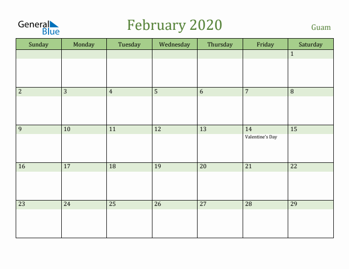 February 2020 Calendar with Guam Holidays