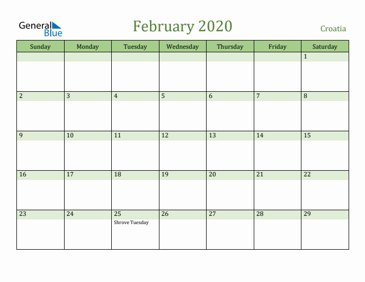 February 2020 Calendar with Croatia Holidays