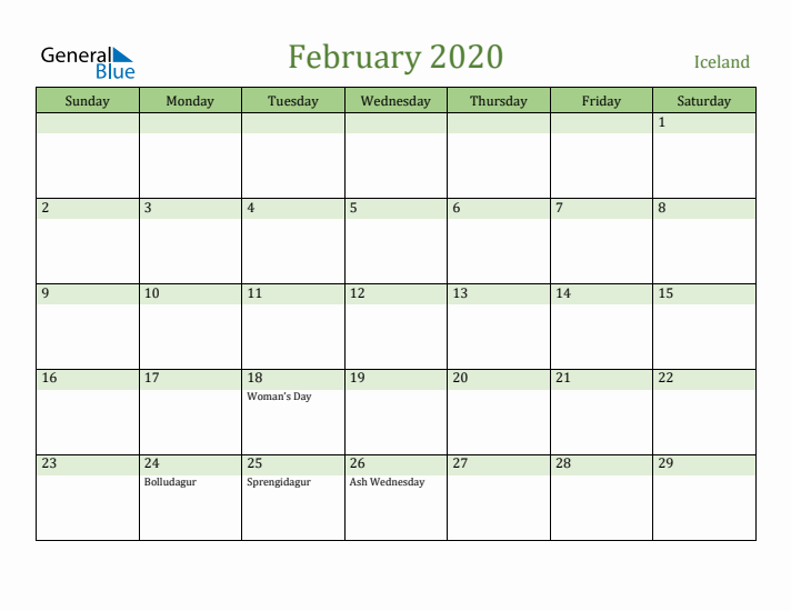 February 2020 Calendar with Iceland Holidays