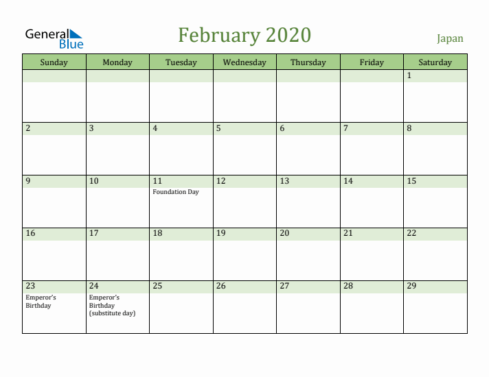 February 2020 Calendar with Japan Holidays
