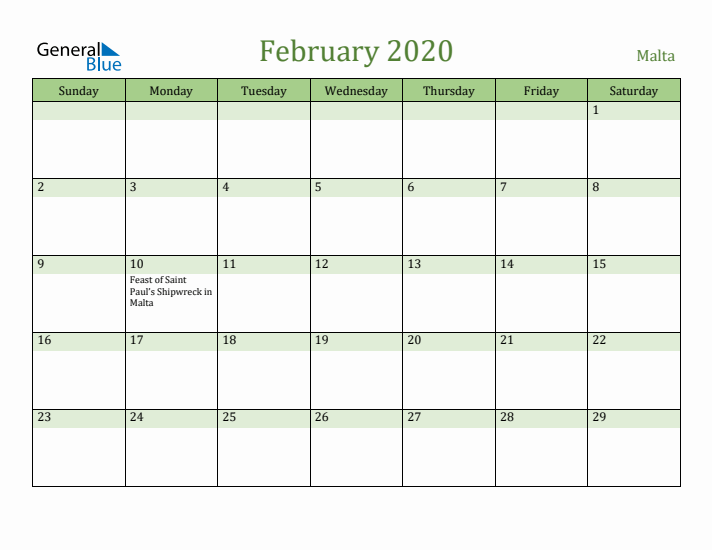 February 2020 Calendar with Malta Holidays