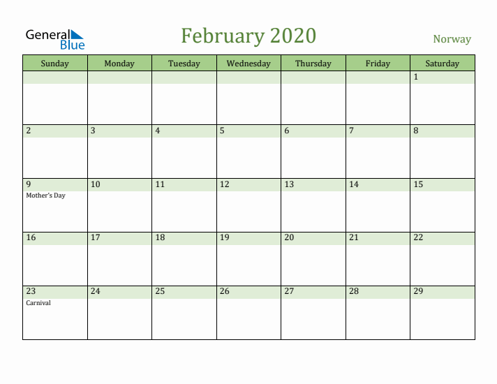 February 2020 Calendar with Norway Holidays