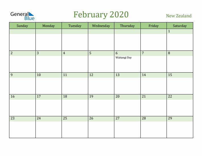 February 2020 Calendar with New Zealand Holidays