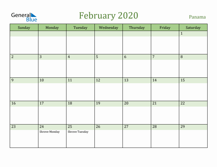 February 2020 Calendar with Panama Holidays