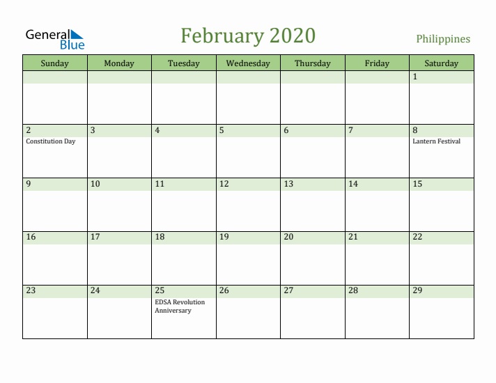 February 2020 Calendar with Philippines Holidays