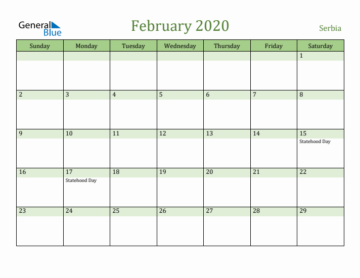 February 2020 Calendar with Serbia Holidays