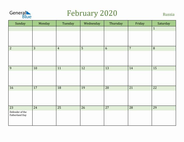February 2020 Calendar with Russia Holidays