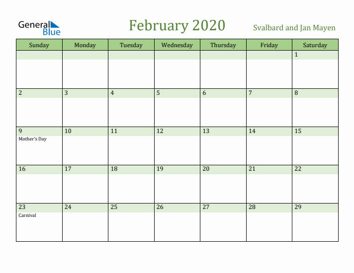 February 2020 Calendar with Svalbard and Jan Mayen Holidays