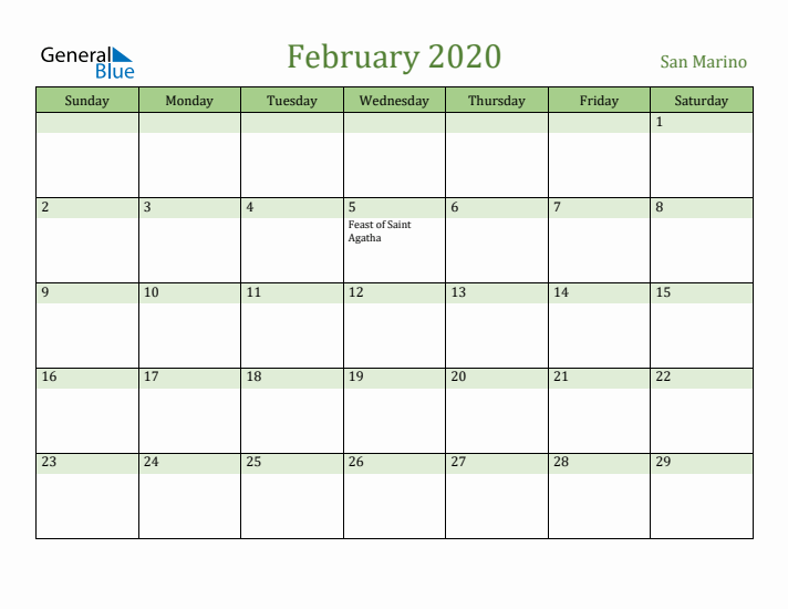 February 2020 Calendar with San Marino Holidays