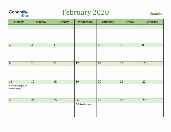 February 2020 Calendar with Uganda Holidays