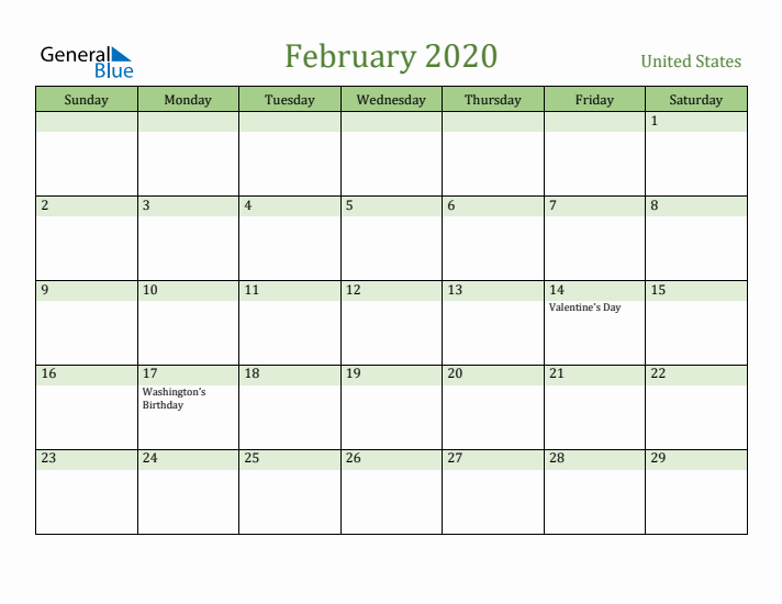 February 2020 Calendar with United States Holidays
