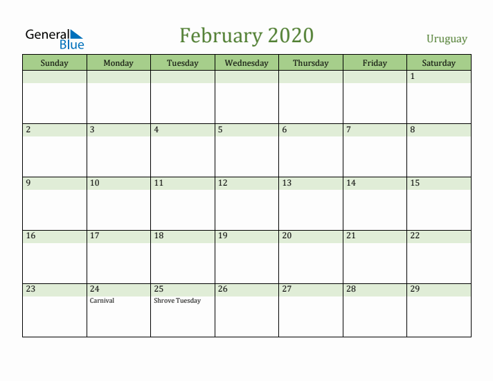 February 2020 Calendar with Uruguay Holidays