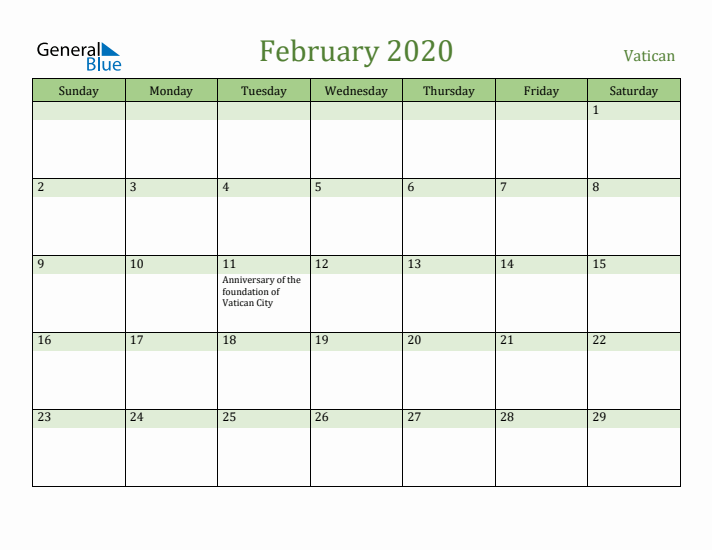 February 2020 Calendar with Vatican Holidays