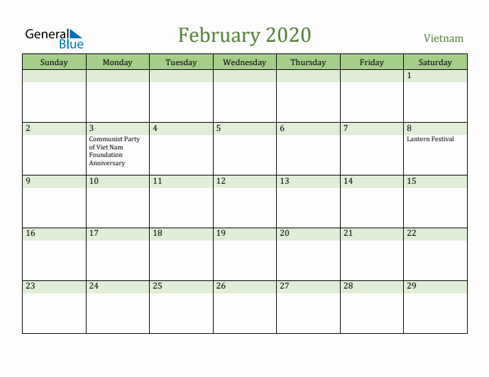 February 2020 Calendar with Vietnam Holidays