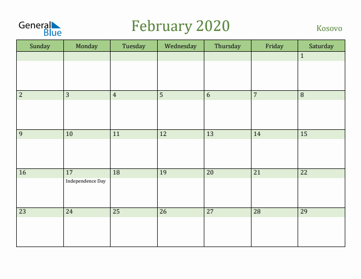 February 2020 Calendar with Kosovo Holidays