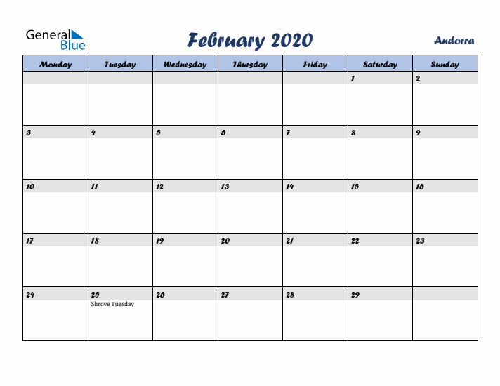 February 2020 Calendar with Holidays in Andorra
