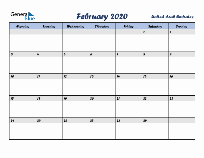 February 2020 Calendar with Holidays in United Arab Emirates