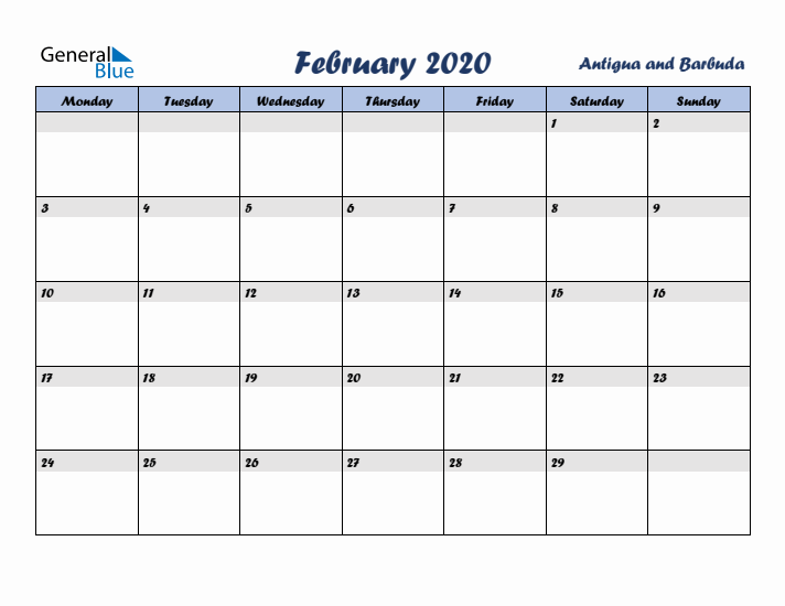 February 2020 Calendar with Holidays in Antigua and Barbuda