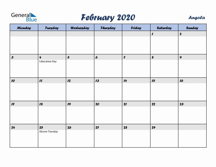 February 2020 Calendar with Holidays in Angola