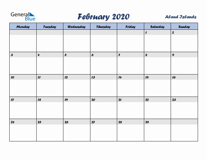 February 2020 Calendar with Holidays in Aland Islands